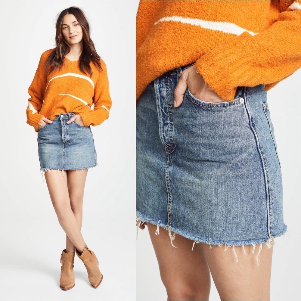 We The Free • FP Rugged A-Line Denim Miniskirt raw hem frayed distressed